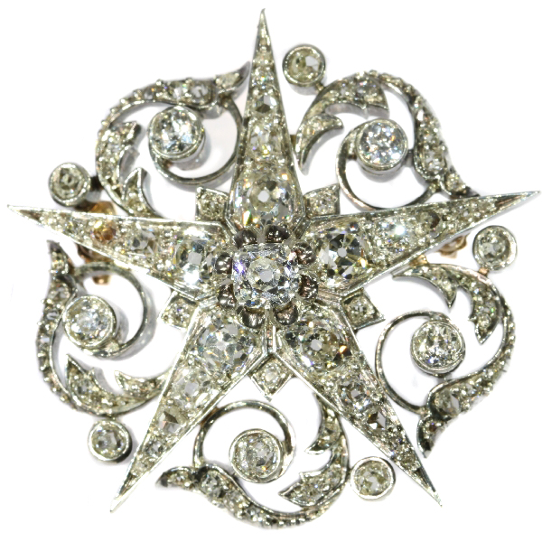 French Victorian antique star brooch filled with old mine brilliant cut diamonds